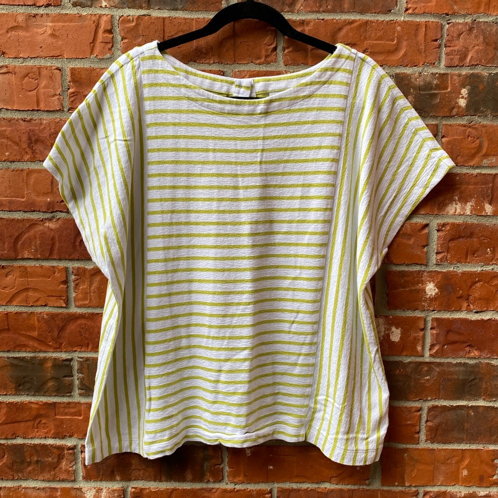 J. Jill Large Womens XL Stripe Button Back Coastal Beachy Short Sleeve Boxy Top